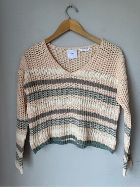 LOLA Open-Knit V-Neck Cream & Olive Sweater Women’s Size XS Long Sleeve